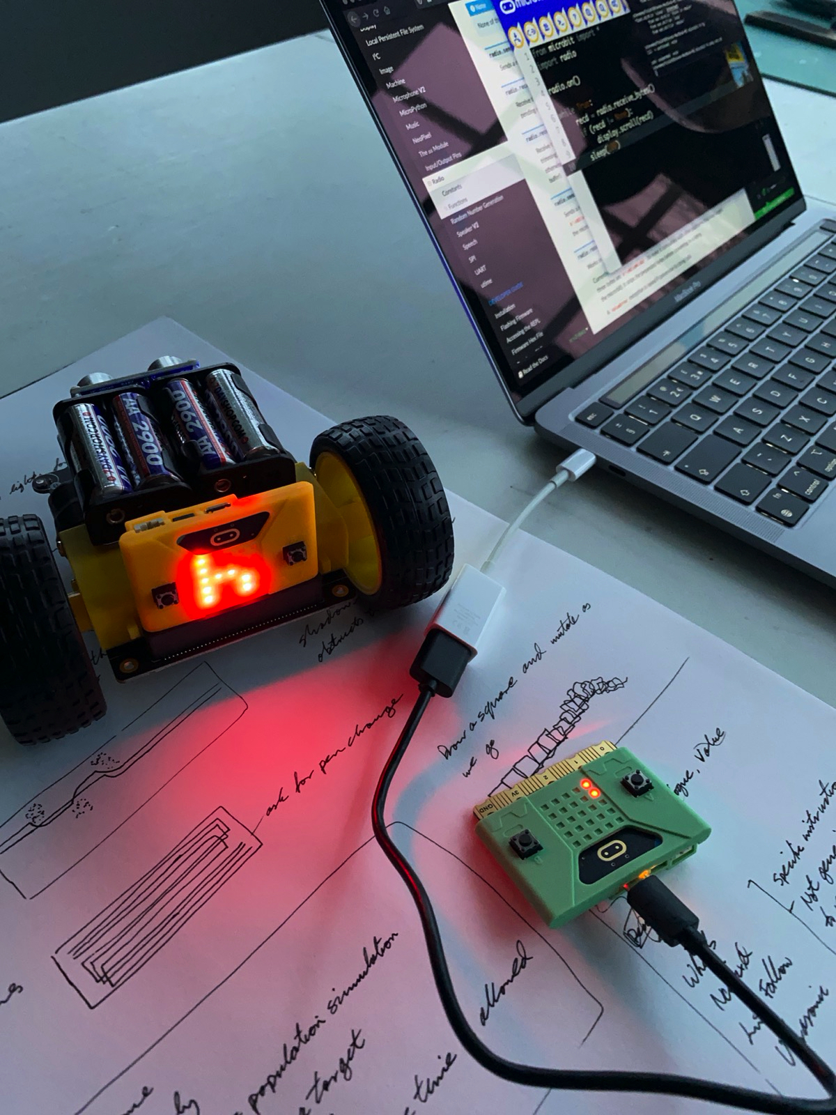 Experimenting with a pair of BBC Microbits and a buggy