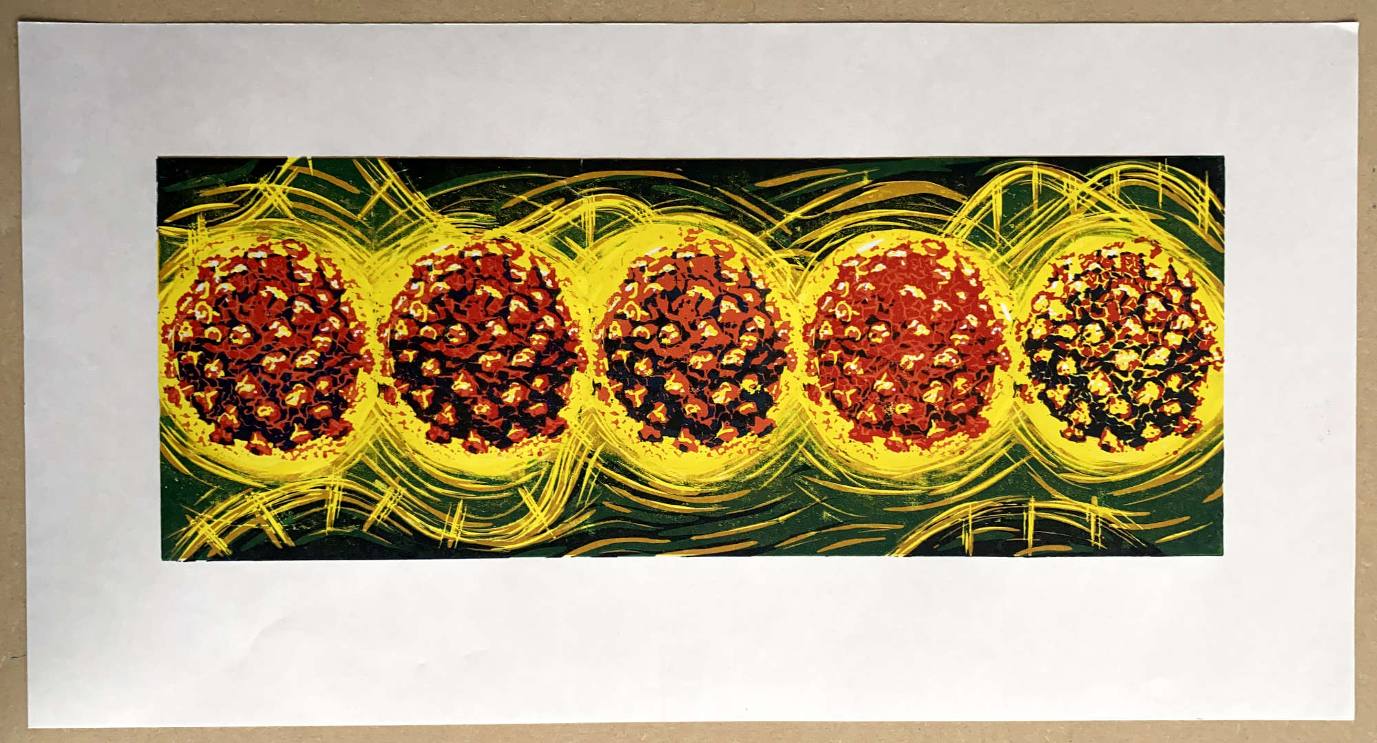 Virions: reduction linoprint, oil-based ink on Masa paper, 500mm x 263mm